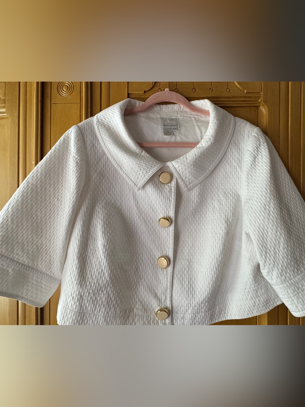 Donna Morgan White Cotton Cropped Jacket 16W Gold Buttons Retro Preppy